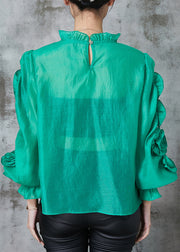 Green Stereoscopic Floral Chiffon Shirt Top Ruffled Spring