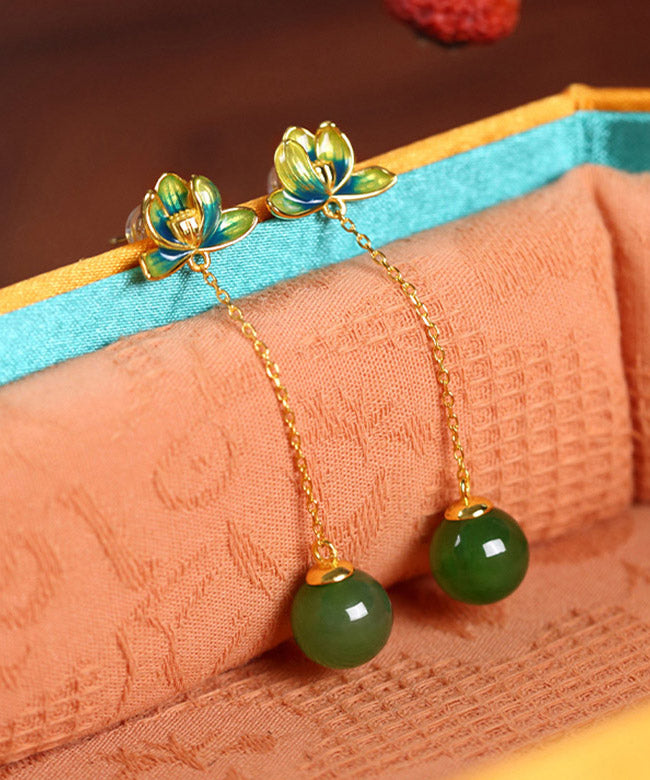 Green Sterling Silver Jade Cloisonne Lotus Tassel Drop Earrings