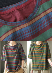 Green Striped Loose Cozy Cotton T Shirts O Neck Half Sleeve