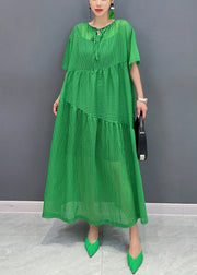 Green Striped Patchwork Cotton Long Dresses Pockets Short Sleeve