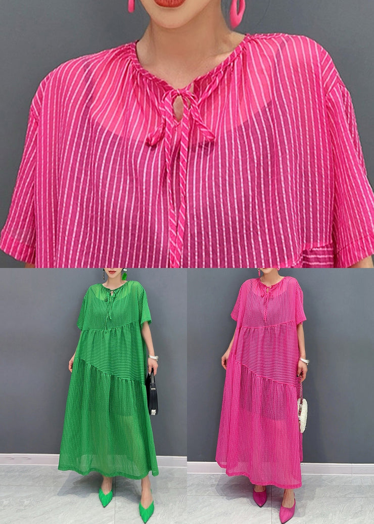 Green Striped Patchwork Cotton Long Dresses Pockets Short Sleeve