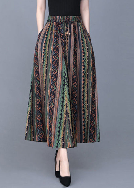 Green Striped Pockets Print Satin Skirt Summer