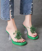 Green Stylish Clear High Heels Splicing Slide Sandals Bead Decorated