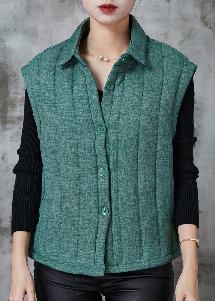 Green Thick Fine Cotton Filled Vest Peter Pan Collar Pockets Spring