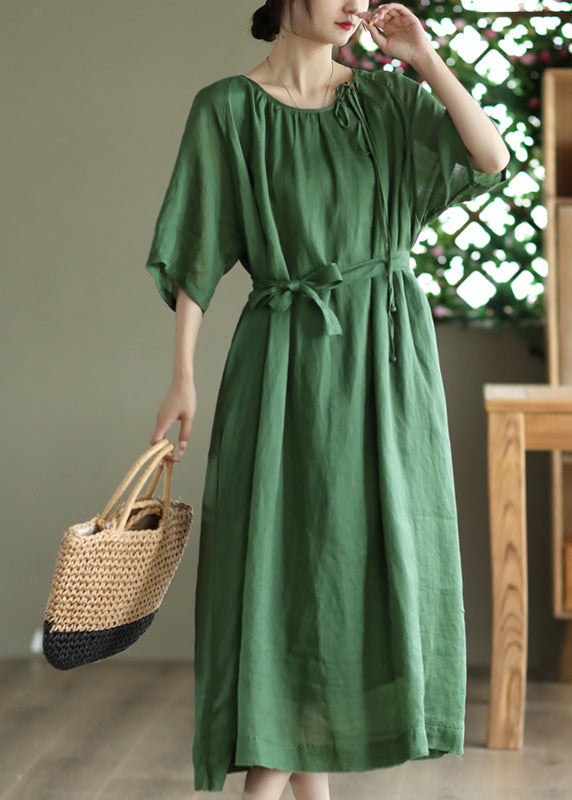 Green Tie Waist Solid Long Dress Half Sleeve