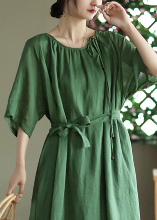 Green Tie Waist Solid Long Dress Half Sleeve