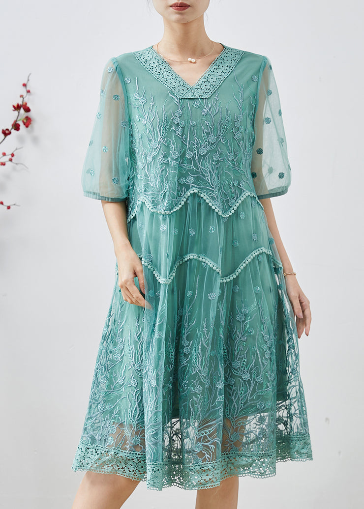 Green Tulle Dress V Neck Embroidered Summer