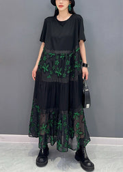 Green Tulle Patchwork Cotton Long Dresses O Neck Short Sleeve