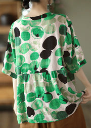 Green V Neck Button Cotton Top Half Sleeve