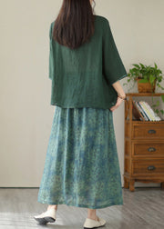 Green V Neck Patchwork Button Linen Two Pieces Set Half Sleeve