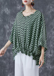 Green Wave Striped Loose Cotton Shirt Tops Ruffled Batwing Sleeve