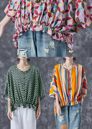 Green Wave Striped Loose Cotton Shirt Tops Ruffled Batwing Sleeve