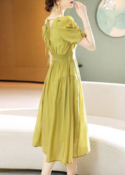 Green Wrinkled Patchwork Chiffon Dress Square Collar Summer