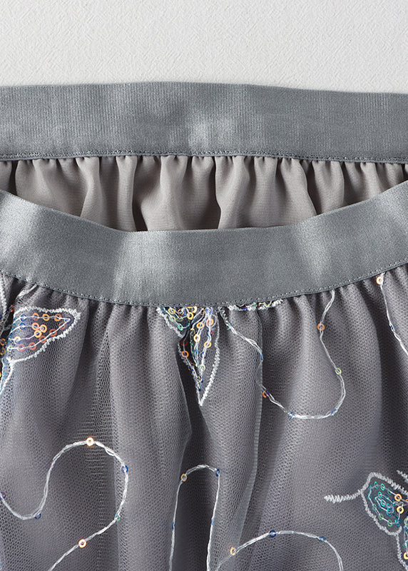 Grey Butterfly Embroideried Elastic Waist Tulle A Line Skirt Summer