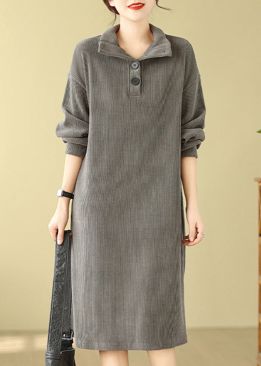 Grey Button Plus Size Simple Corduroy Mid Dress Hign Neck Fall