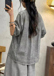 Grey Button Solid Cotton Shirts Stand Collar Half Sleeve