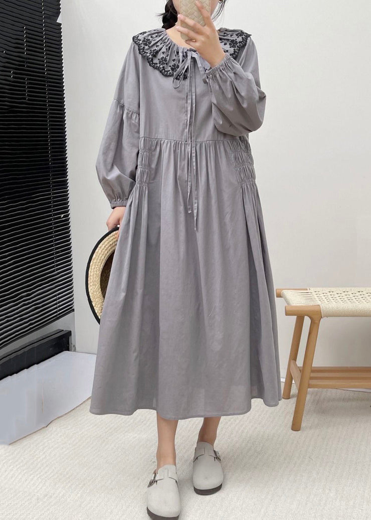 Grey Button Wrinkled Cotton Dresses Embroidered Long Sleeve