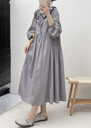 Grey Button Wrinkled Cotton Dresses Embroidered Long Sleeve