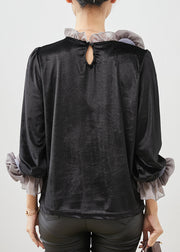 Grey Floral Silk Velour Shirt Top Ruffled Spring