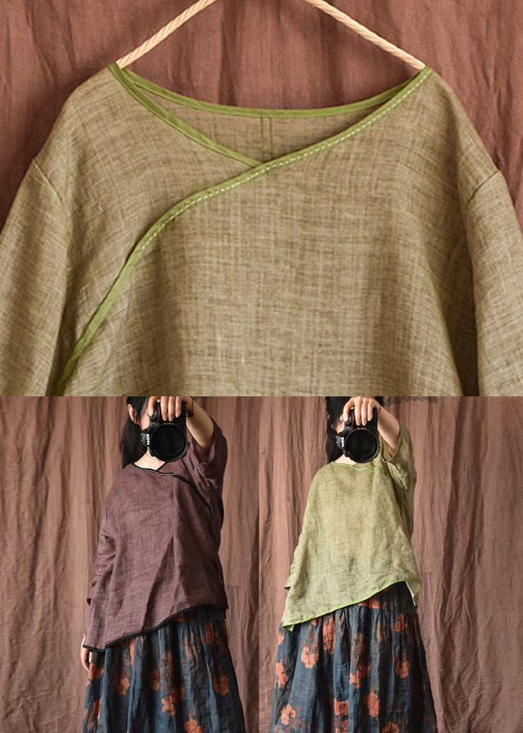 Grey Green V Neck Low High Design Linen Top Long Sleeve