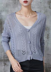 Grey Hollow Out Knit Cardigans V Neck Spring