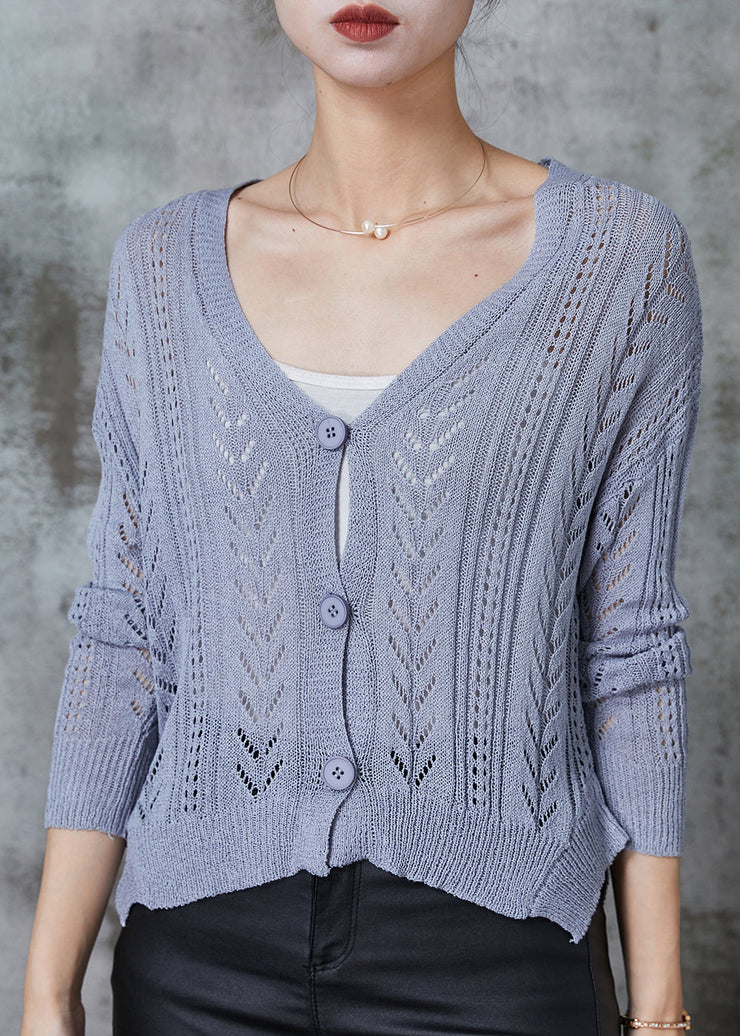 Grey Hollow Out Knit Cardigans V Neck Spring