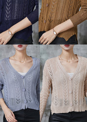 Grey Hollow Out Knit Cardigans V Neck Spring