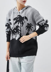 Grey Jacquard Knit Loose Sweatshirts Top Hooded Spring