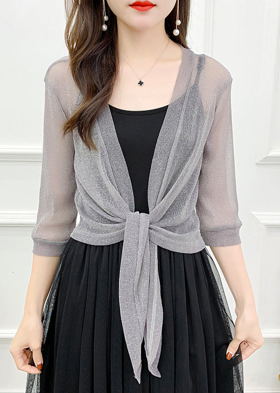 Grey Lace Up Tulle Cardigan V Neck Half Sleeve