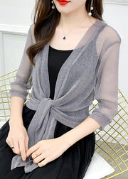 Grey Lace Up Tulle Cardigan V Neck Half Sleeve