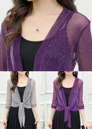 Grey Lace Up Tulle Cardigan V Neck Half Sleeve