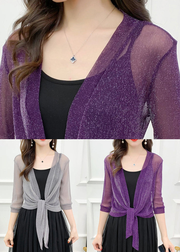 Grey Lace Up Tulle Cardigan V Neck Half Sleeve