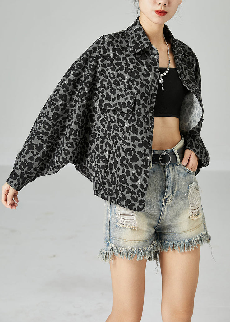 Grey Leopard Print Cotton Coats Peter Pan Collar Pocket Batwing Sleeve