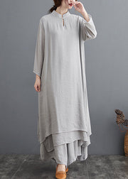 Grey Linen Two Piece Set Tops And Pants Clothing Spring Summer