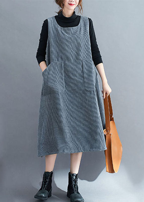 Grey O-Neck Corduroy Long Sweatshirts Dress Fall