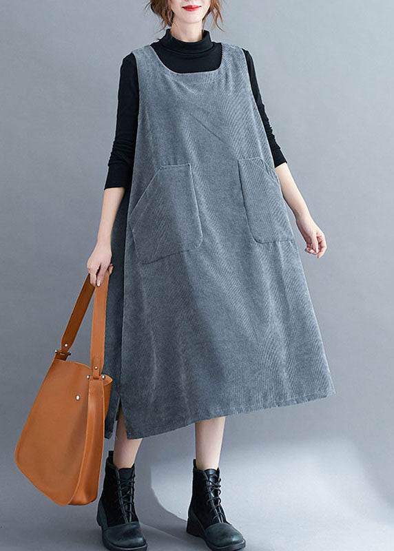 Grey O-Neck Corduroy Long Sweatshirts Dress Fall