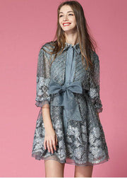 Grey Organza Vacation Dress Embroideried Hollow Out Spring