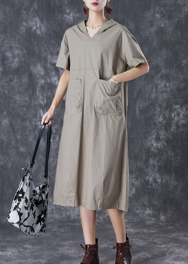 Grey Oversized Cotton Loose Sweatshirt Dress Hooded Pockets Summer