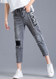 Grey Patchwork Applique Cotton Denim Crop Pants High Waist Tassel Summer