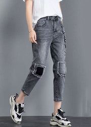 Grey Patchwork Applique Cotton Denim Crop Pants High Waist Tassel Summer