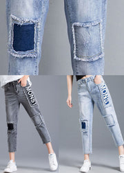 Grey Patchwork Applique Cotton Denim Crop Pants High Waist Tassel Summer