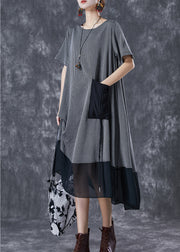 Grey Patchwork Chiffon Party Dress Asymmetrical Striped Summer