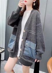 Grey Patchwork Denim Knit Loose Cardigans V Neck Pockets Winter