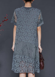 Grey Patchwork Lace Maxi Dress Embroidered Summer