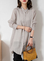 Grey Patchwork Linen Blouses Button Bracelet Sleeve