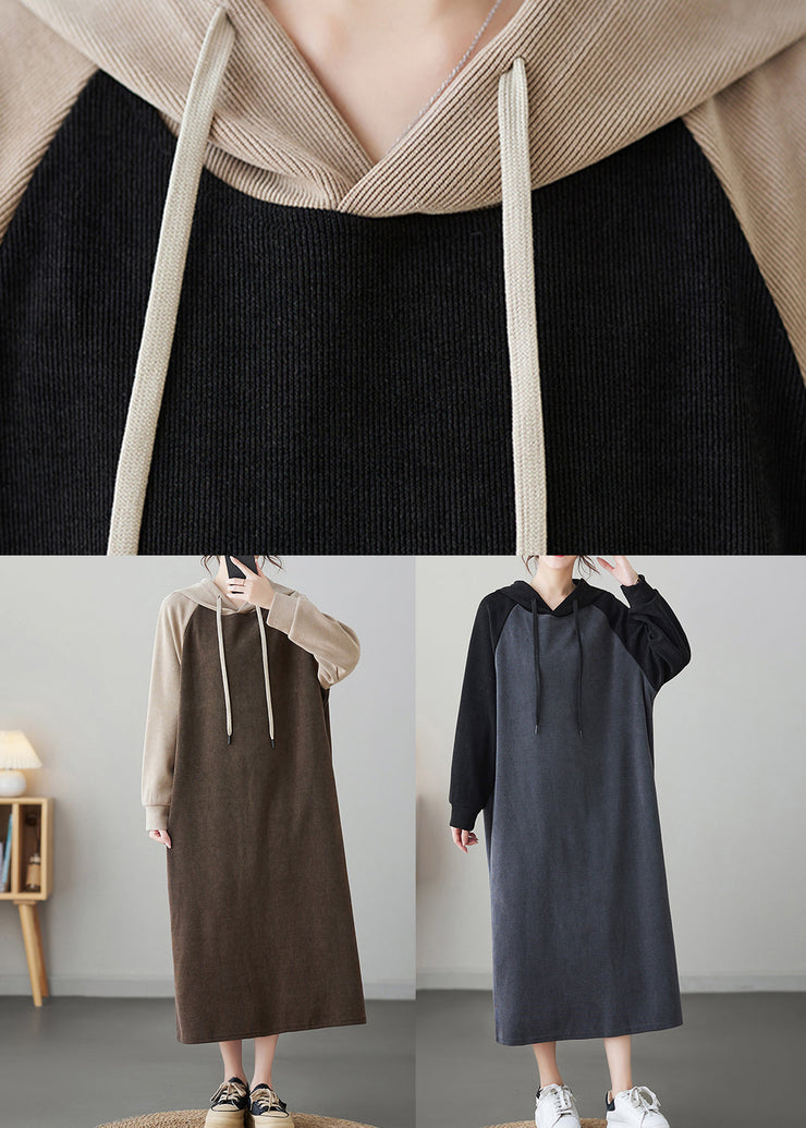 Grey Patchwork Loose Long Hooded Sweatshirt Dresses Winter