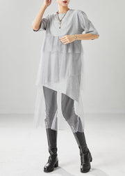 Grey Patchwork Tulle Cotton Dress Asymmetrical Ruffles Summer