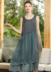 Grey Patchwork Tulle Vacation Dresses Ruffled Sleeveless