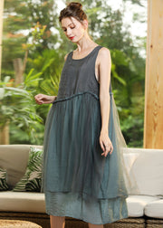 Grey Patchwork Tulle Vacation Dresses Ruffled Sleeveless