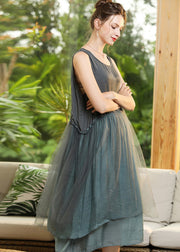 Grey Patchwork Tulle Vacation Dresses Ruffled Sleeveless